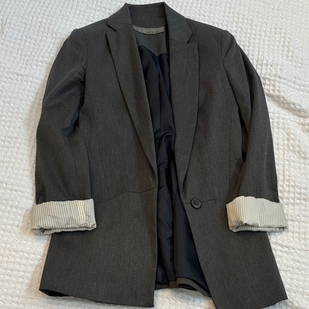 ZARA Gray Blazer with Striped Cuffs